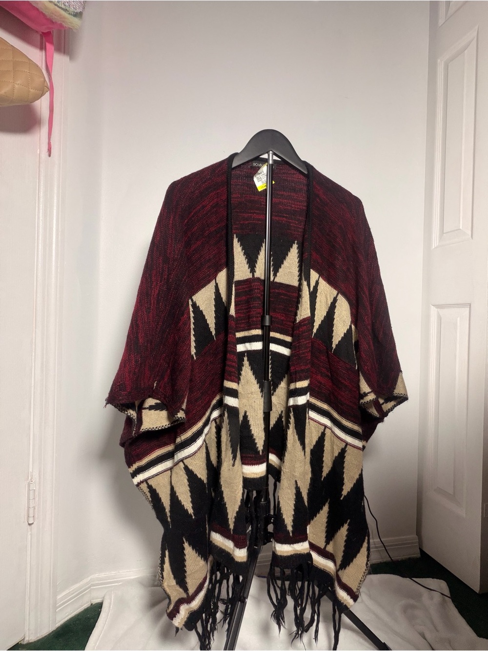 Double Zero Burgundy Aztec Knit Poncho with Fringe